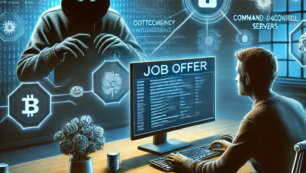 DALL·E 2024-12-27 06.43.09 - A professional and detailed illustration of a cybersecurity threat scenario, showing a software developer at a desk, unaware of a shadowy figure behin DALL·E 2024-12-27 06.43.09 - A professional and detailed illustration of a cybersecurity threat scenario, showing a software developer at a desk, unaware of a shadowy figure behin