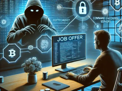 DALL·E 2024-12-27 06.43.09 - A professional and detailed illustration of a cybersecurity threat scenario, showing a software developer at a desk, unaware of a shadowy figure behin