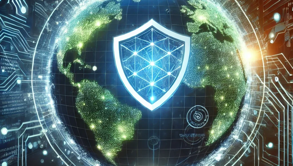 DALL·E 2025-01-02 14.58.24 - An artistic representation of a globe interconnected with glowing digital pathways and a prominent shield symbol at the center, representing global cy DALL·E 2025-01-02 14.58.24 - An artistic representation of a globe interconnected with glowing digital pathways and a prominent shield symbol at the center, representing global cy