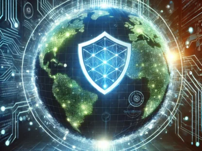 DALL·E 2025-01-02 14.58.24 - An artistic representation of a globe interconnected with glowing digital pathways and a prominent shield symbol at the center, representing global cy